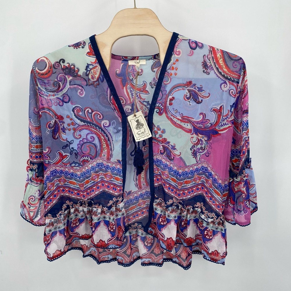 Easel Los Angeles Small Paisley Kimono Cardigan Blue Purple Red Tassels Boho